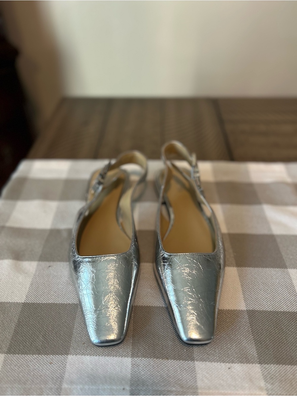 Michael Kors Darlington square pointed cracked metallic silver sling back flats.